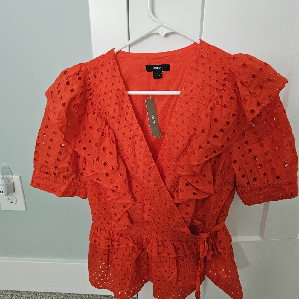 J. Crew Red Puff Sleeve Ruffled Blouse